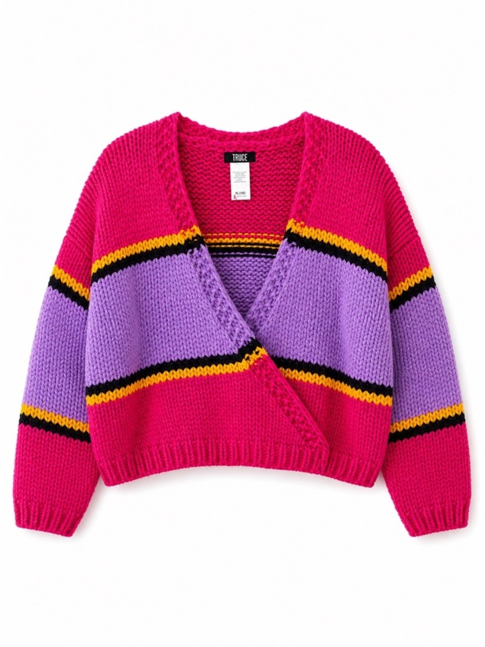 TRUCE Pink & Purple Chunky Knit V-Neck Sweater.
Size XL
